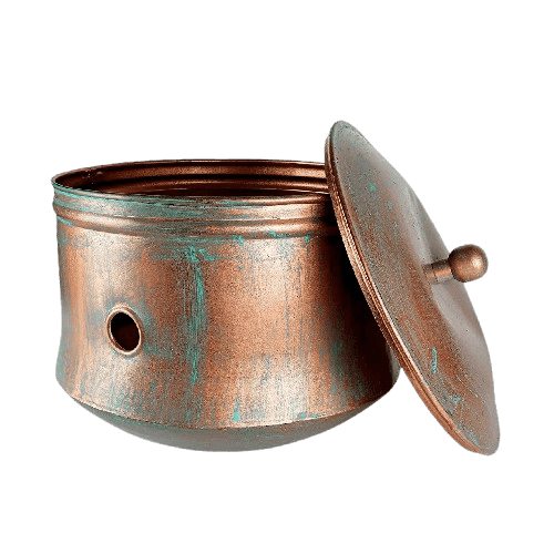 IRON GARDEN HOSE POT WITH LID (PATINA)